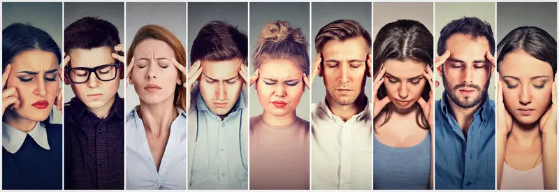 An collection of images all side-by-side of various people with migraine pain.