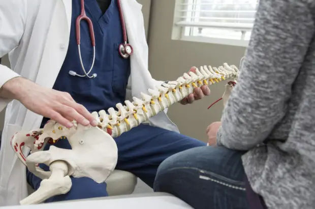 A view of a chiropractor with a model of the spine sitting with a patient. Only their torsos and the model is pictured.